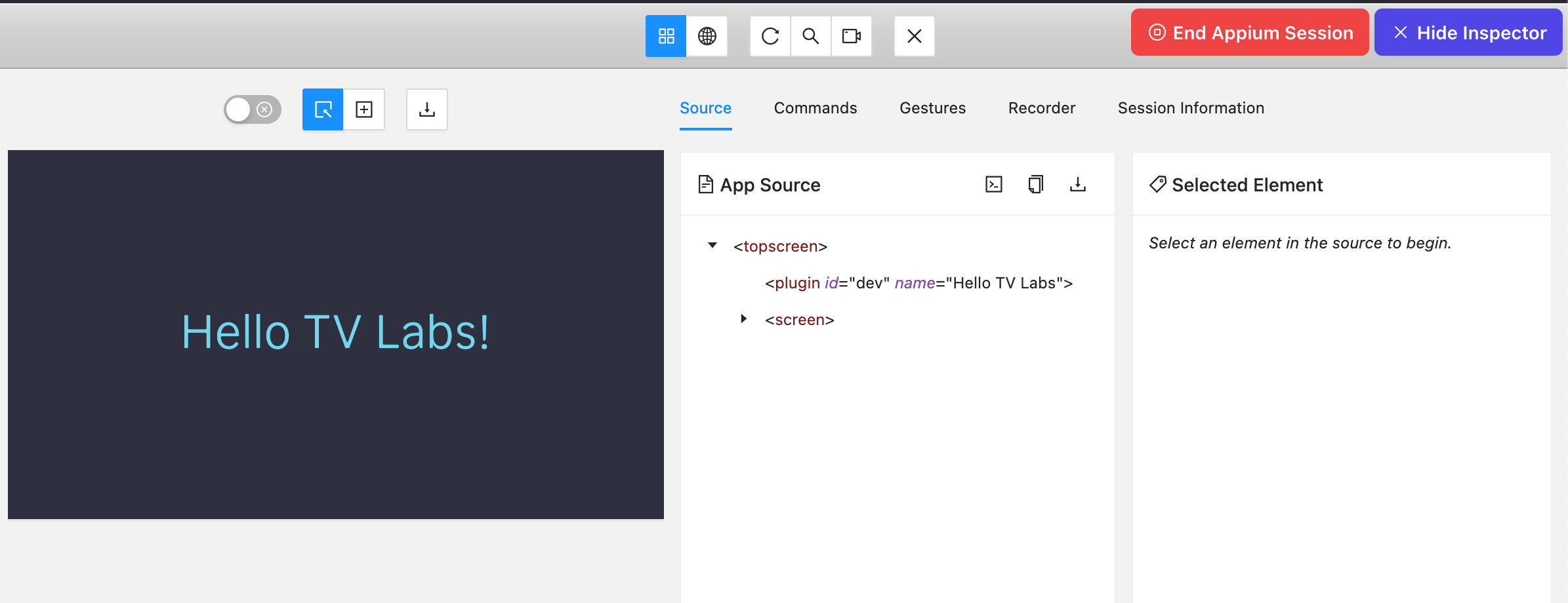 Appium Inspector Toolbar