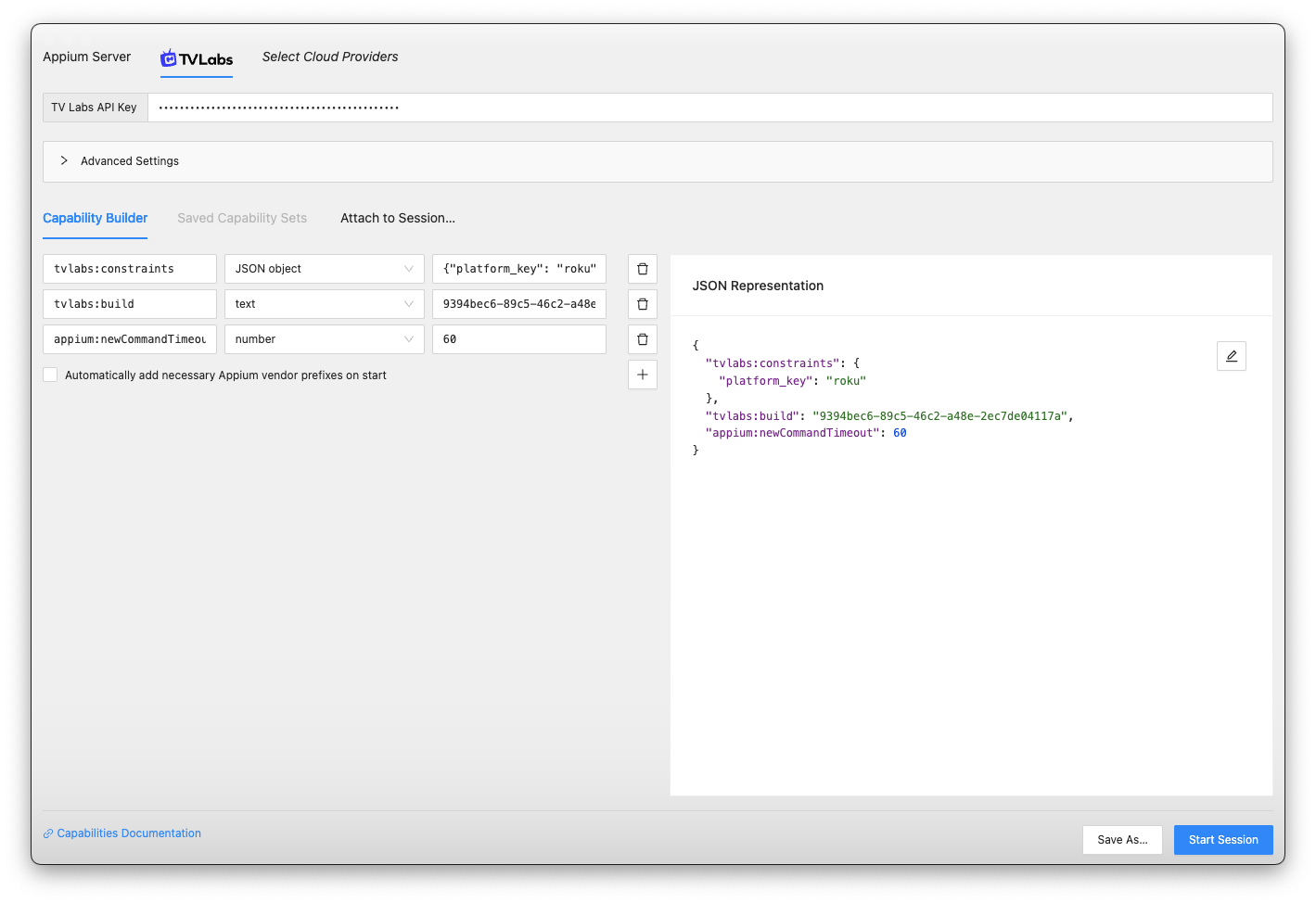 Appium Inspector Capabilities for Roku