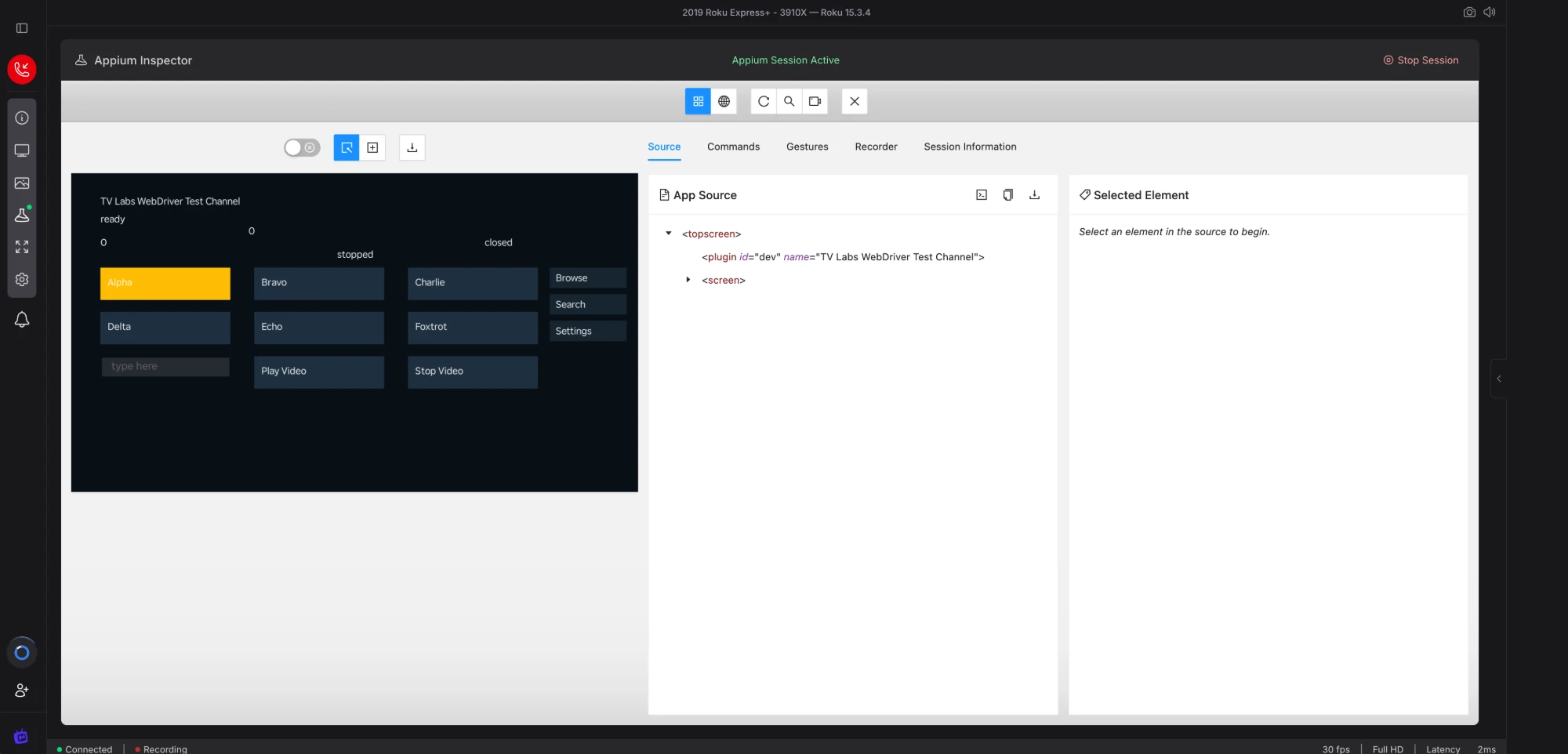 Appium Inspector with an active session
