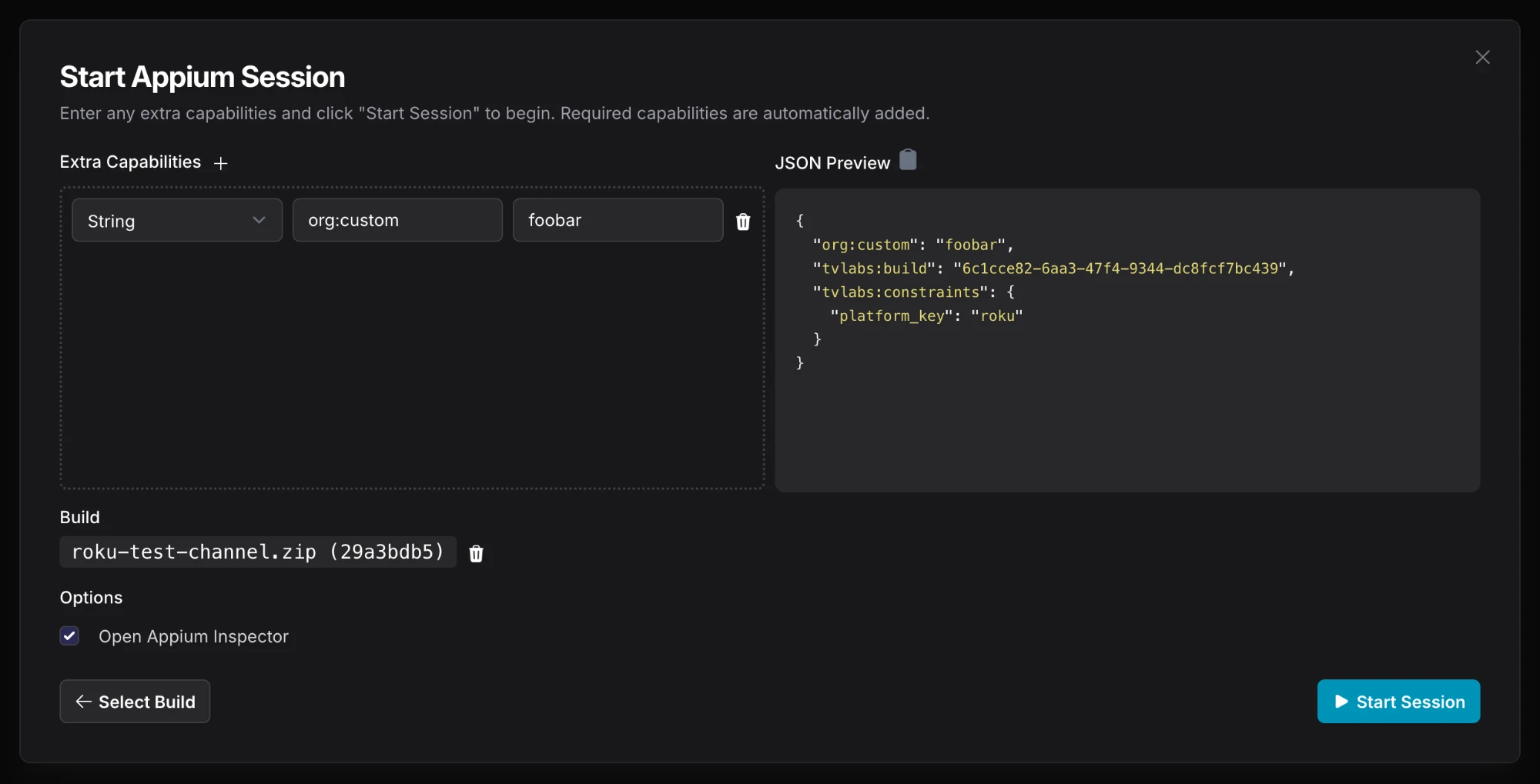 Start Appium Session form