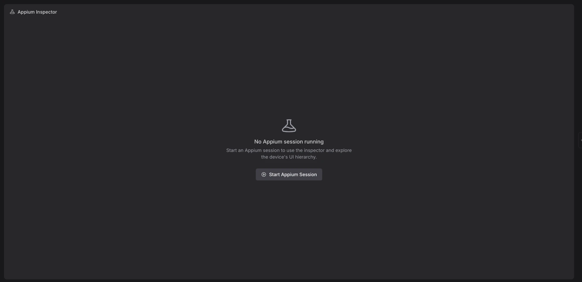 Appium Inspector panel with no session running